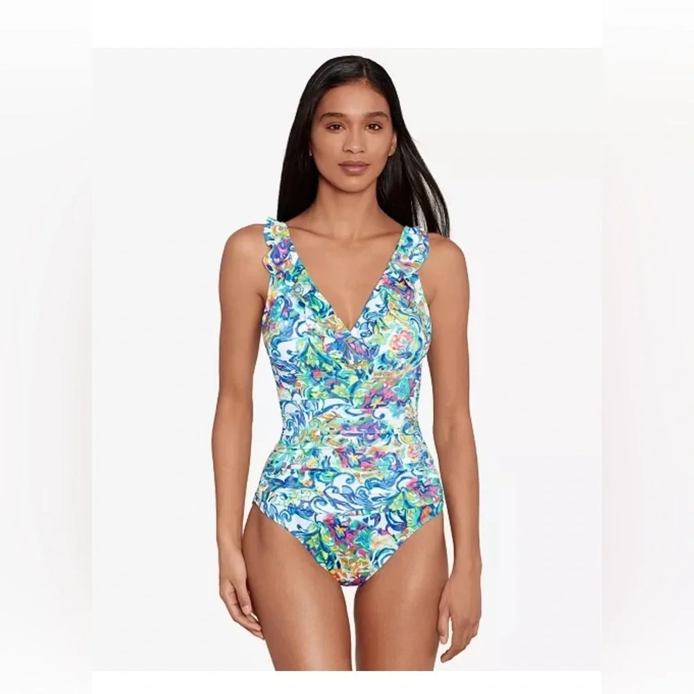 NWT Lauren Ralph Lauren Printed Ruffle Surplice One Piece Swimsuit size 16